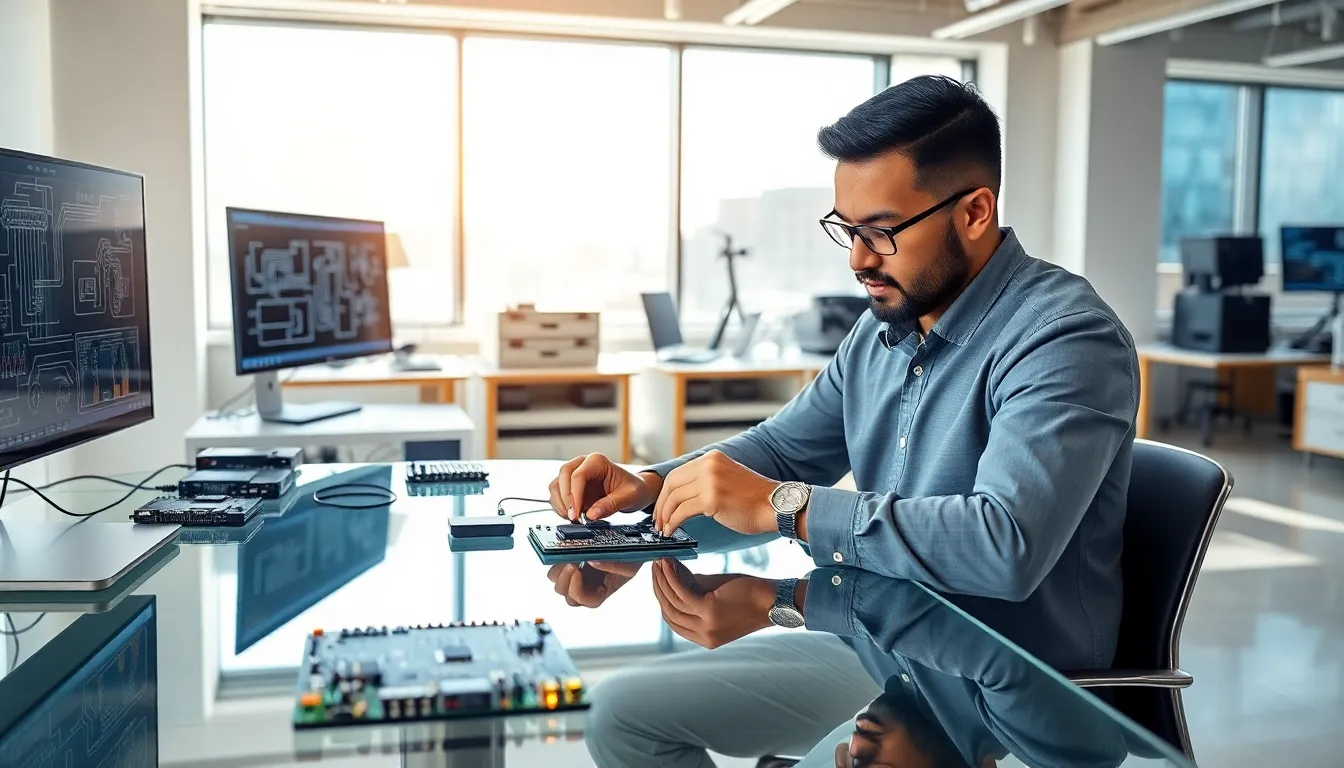 A hardware design engineer analyzing circuit boards in a modern office.