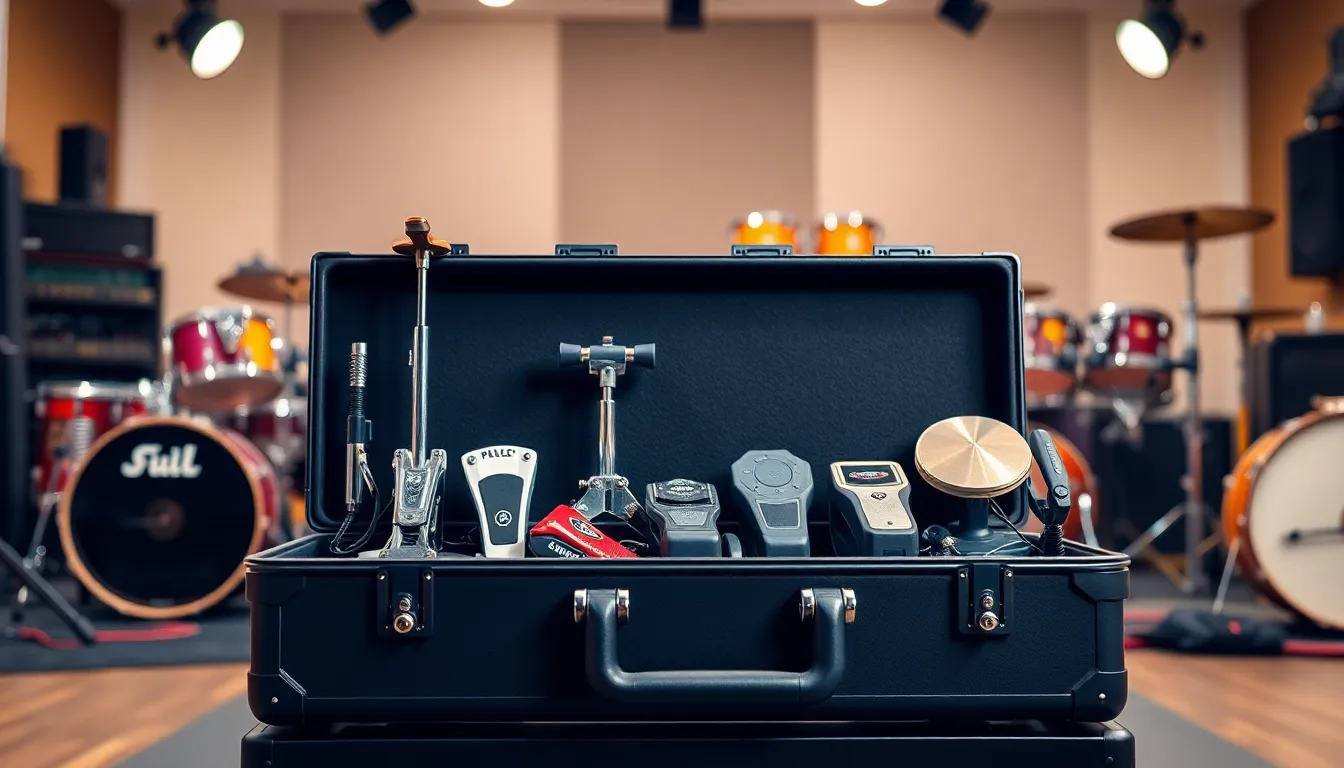drum hardware case with organized drum kit components.
