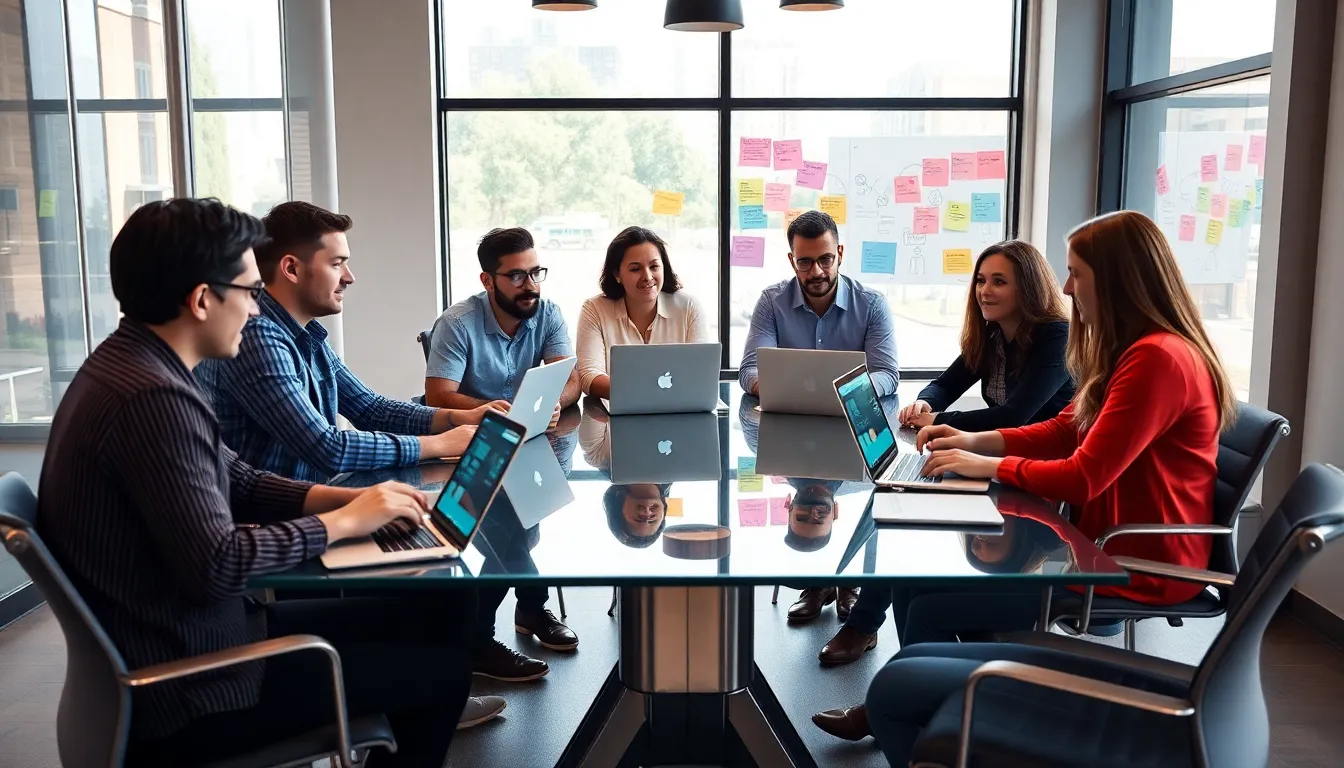 diverse startup team collaborating in a modern workspace.