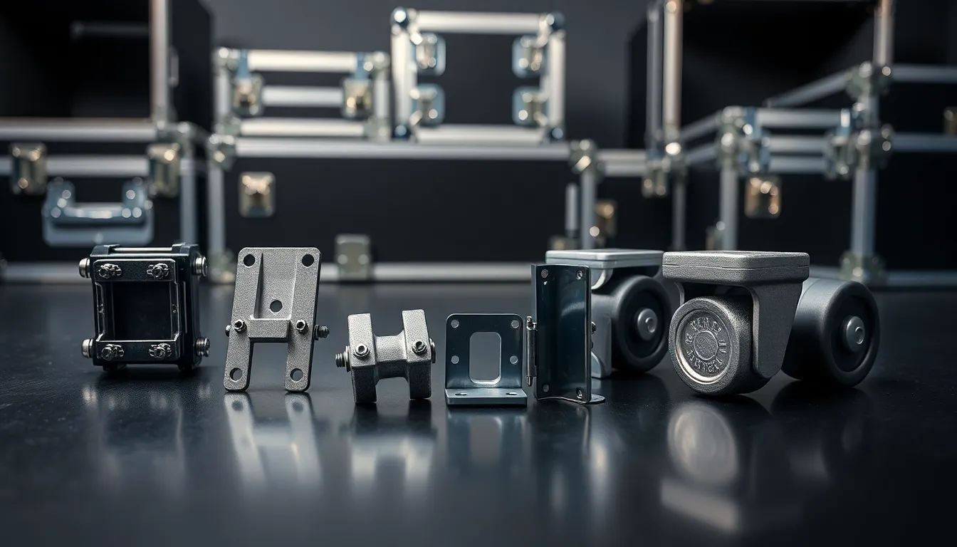 close-up of durable road case hardware components on a dark surface.