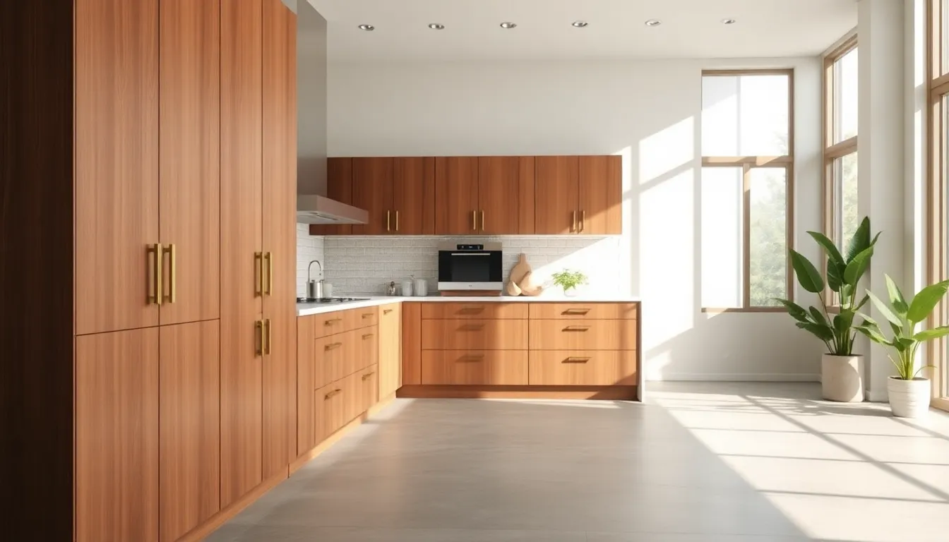 mid century modern kitchen with stylish cabinet hardware.