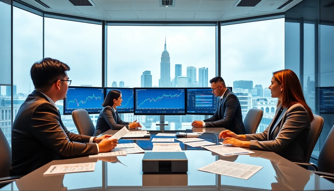 diverse team analyzing stock data in a modern office.
