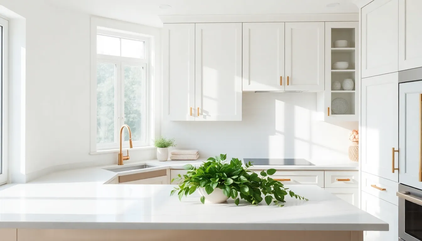 a modern kitchen with white cabinets and gold hardware.