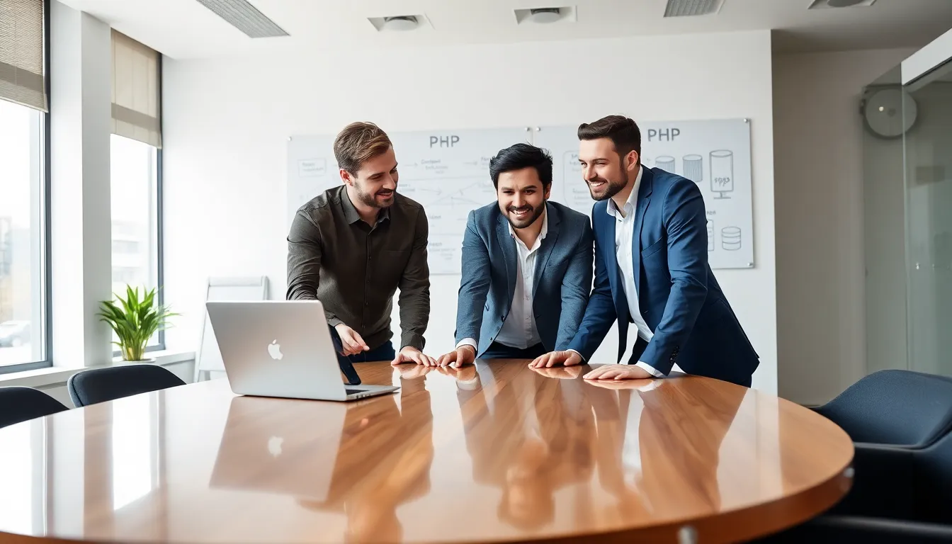 diverse team discussing PHP software development in a modern office.