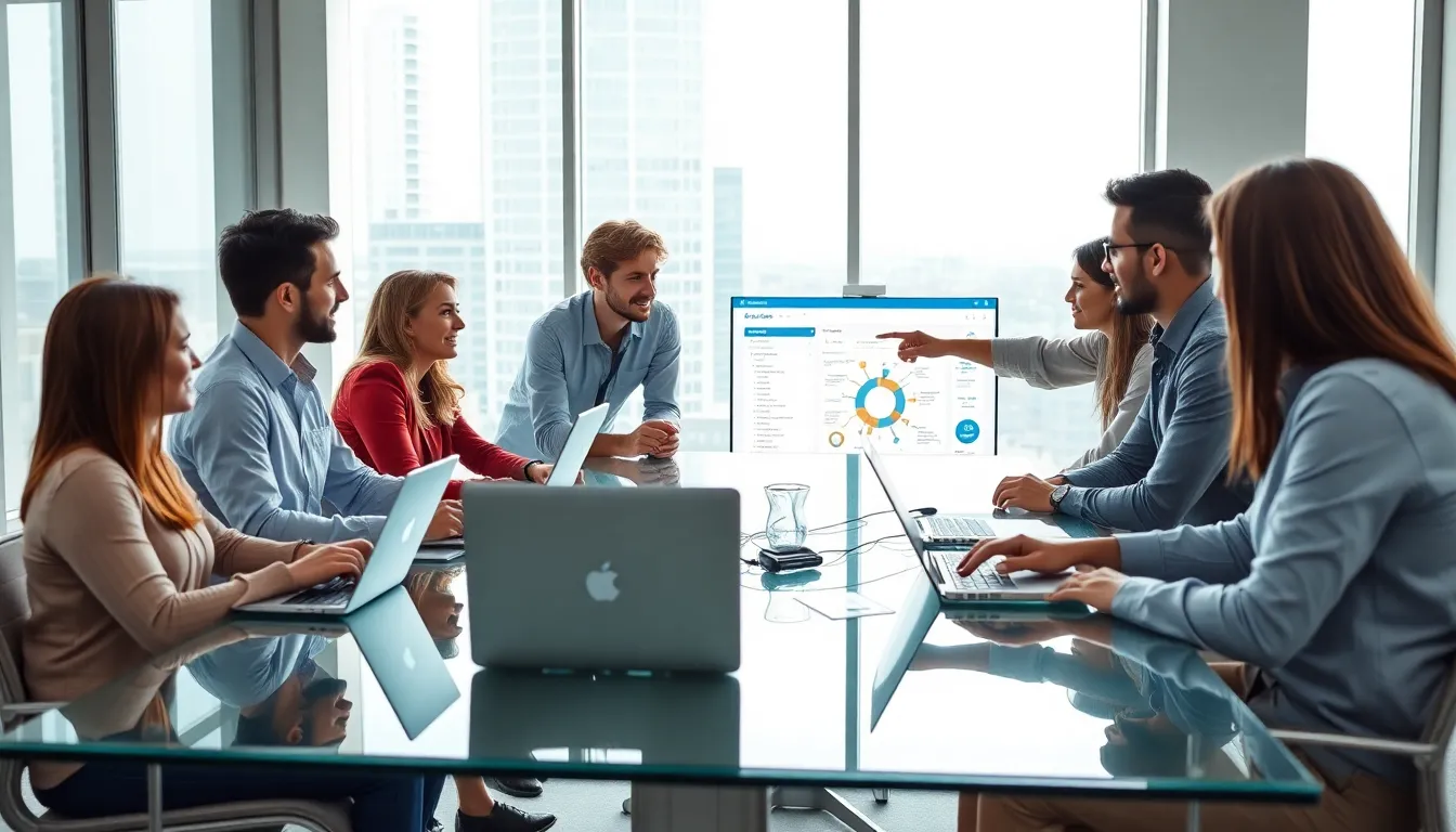 diverse team of developers collaborating in a modern workspace.