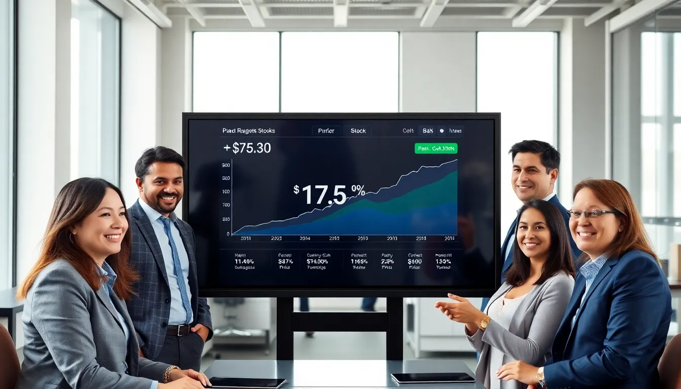 diverse analysts discussing PaaS stock price trends in a modern office.
