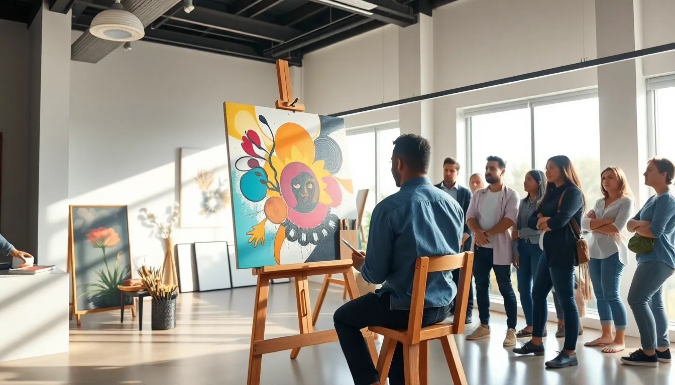 artist creating vibrant artwork in a modern studio.